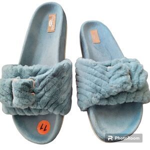 DR. SCHOLLS Slippers Women 11 M Faux Fur Buckle Slide Teal NEW